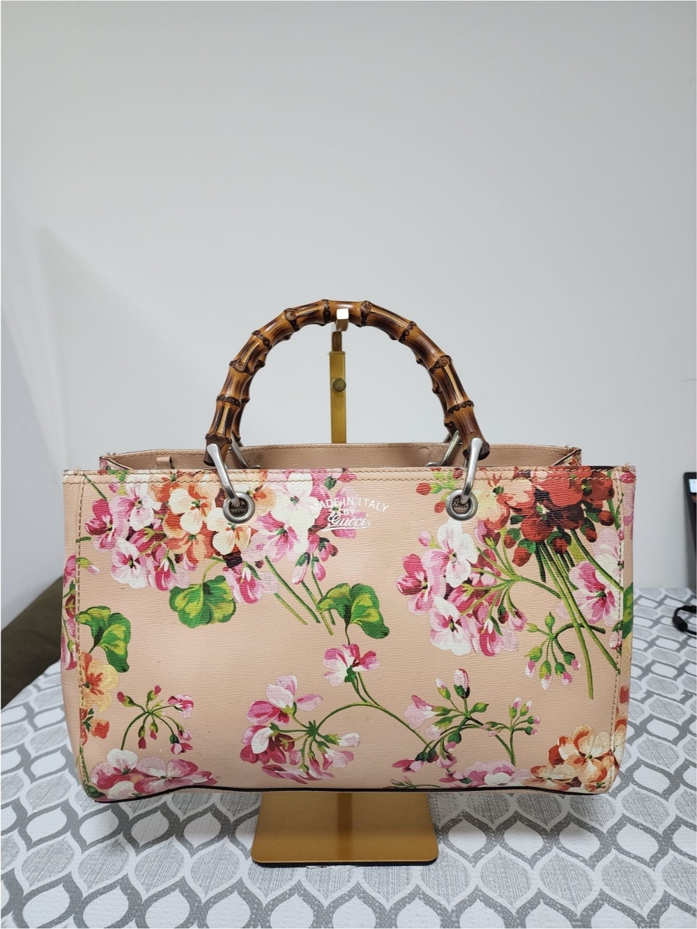 GUCCI Shangai Calfskin Blooms Print Medium Bamboo Shopper Tote Pink/Multicolor